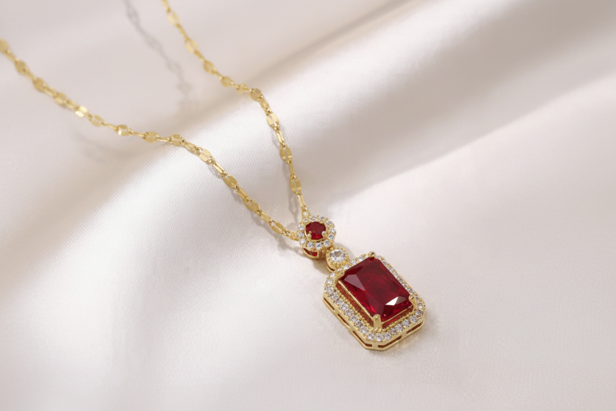 Gold necklace with a red gemstone pendant on a light background
