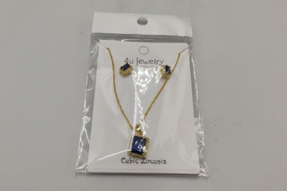 Jewelry set with necklace and earrings on a '4u Jewelry' card, featuring cubic zirconia stones.