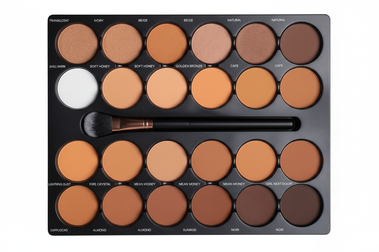 Makeup palette with various shades of cream and a brush on a white background