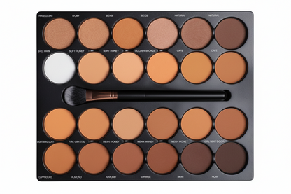 Makeup palette with various shades of cream and a brush on a white background