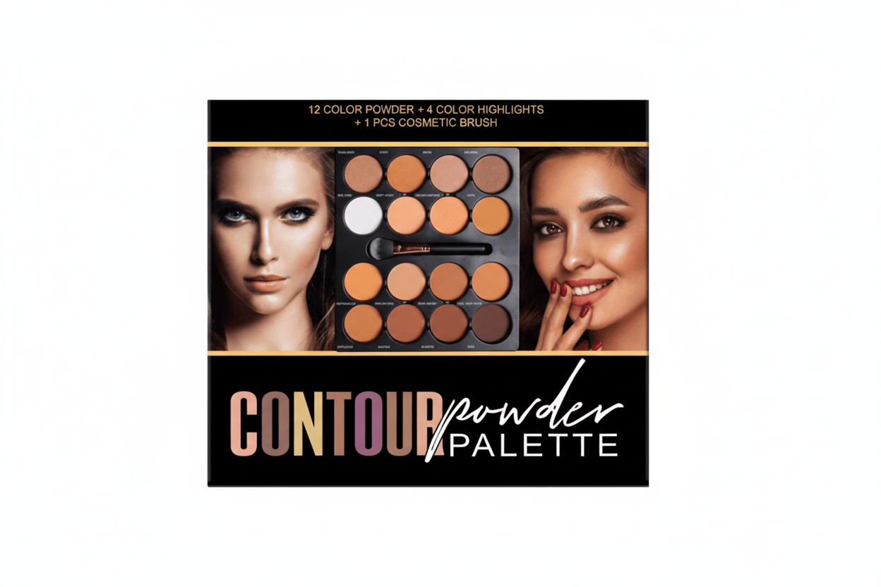 Contour powder palette with two models and product packaging.
