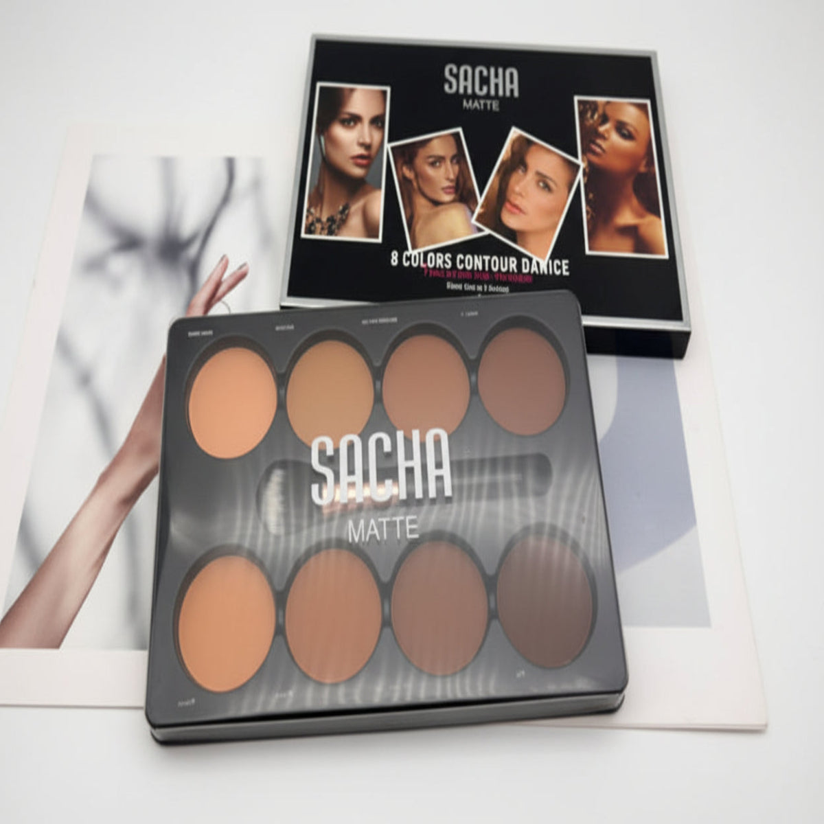 Sacha Matte makeup palette with a blurred background