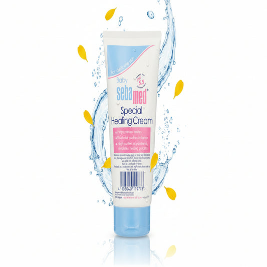 Tube of Sebamed Special Healing Cream on a light blue background with water droplets and flowers.