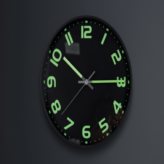 Wall clock with green glowing numbers on a dark background