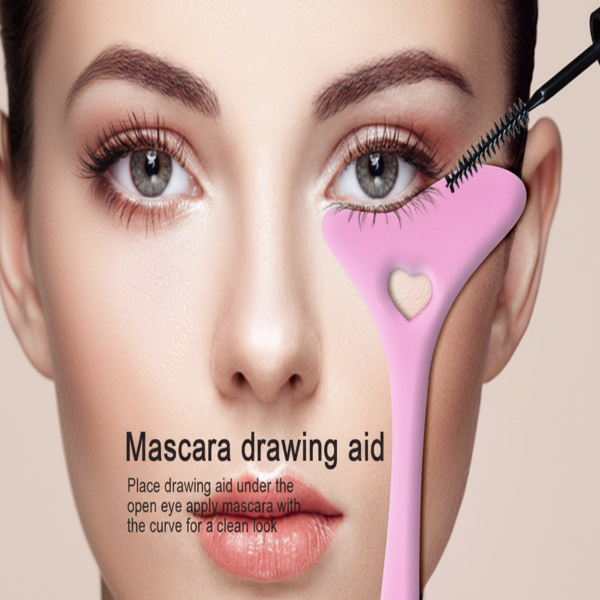 Mascara drawing aid with a heart-shaped guide on a close-up of a person's eye.