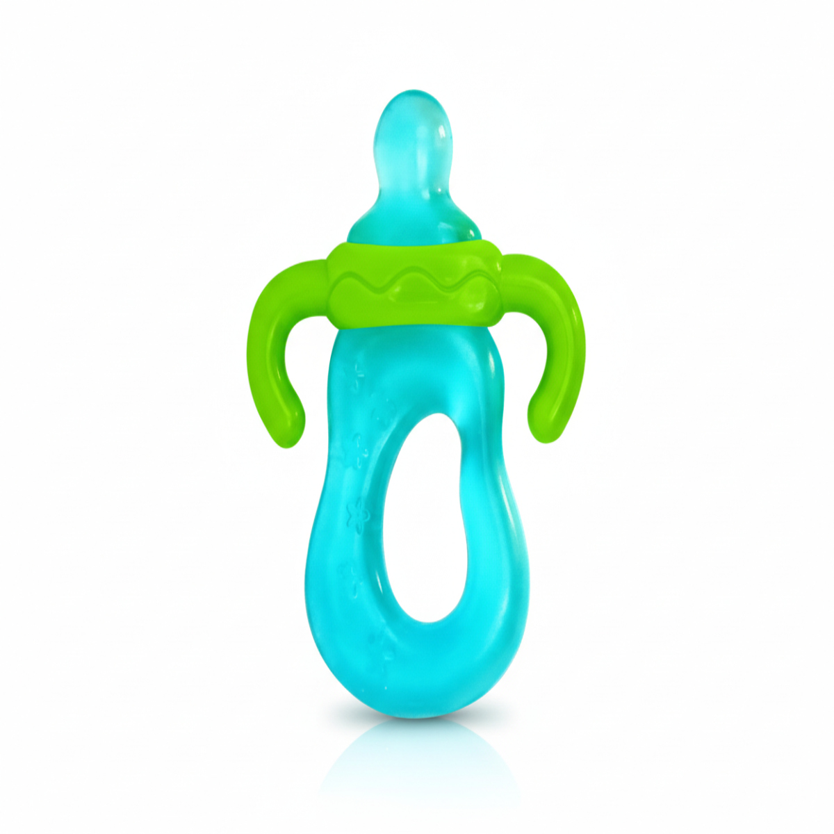 Teal and green baby pacifier on a white background