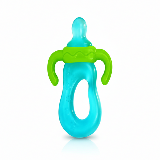 Teal and green baby pacifier on a white background