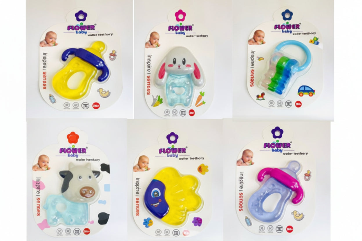 Collection of baby teether products with colorful designs on packaging