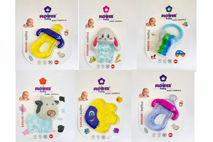 Collection of baby teether products with colorful designs on packaging