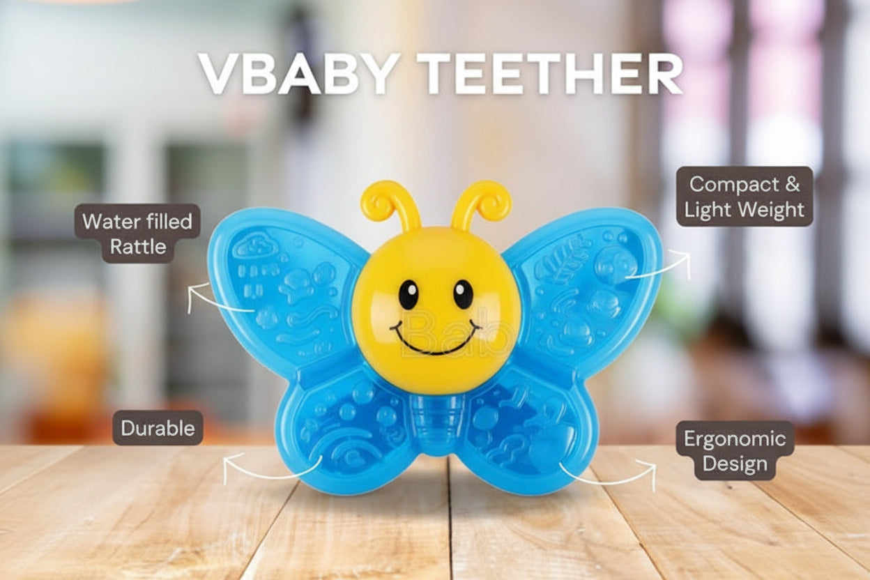 VBABY teether with features listed on a wooden surface