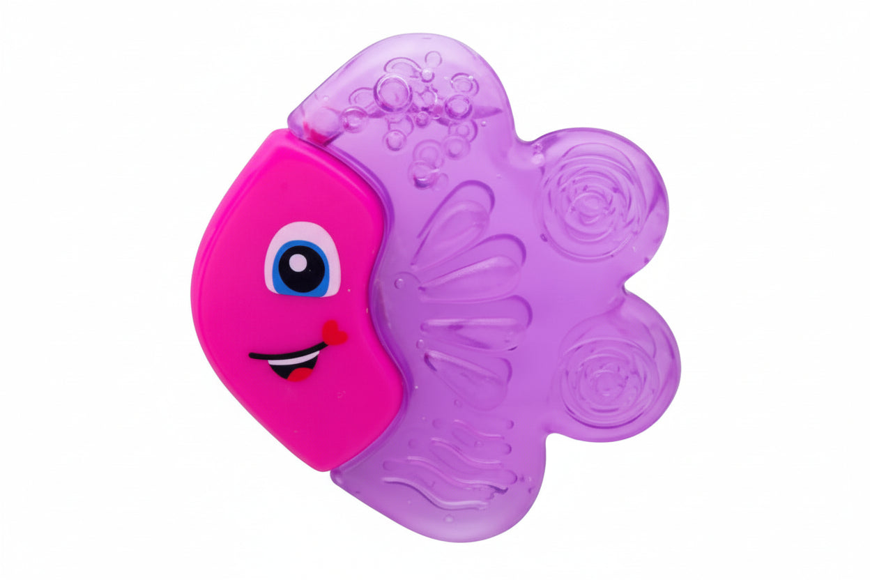 Pink and purple fish-shaped toy with a smiling face on a white background
