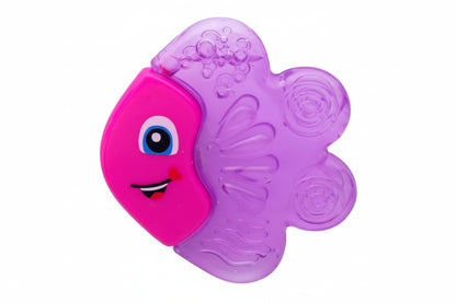 Pink and purple fish-shaped toy with a smiling face on a white background