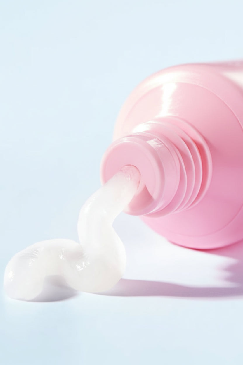 Pink bottle of lotion with white cream oozing out on a light blue background