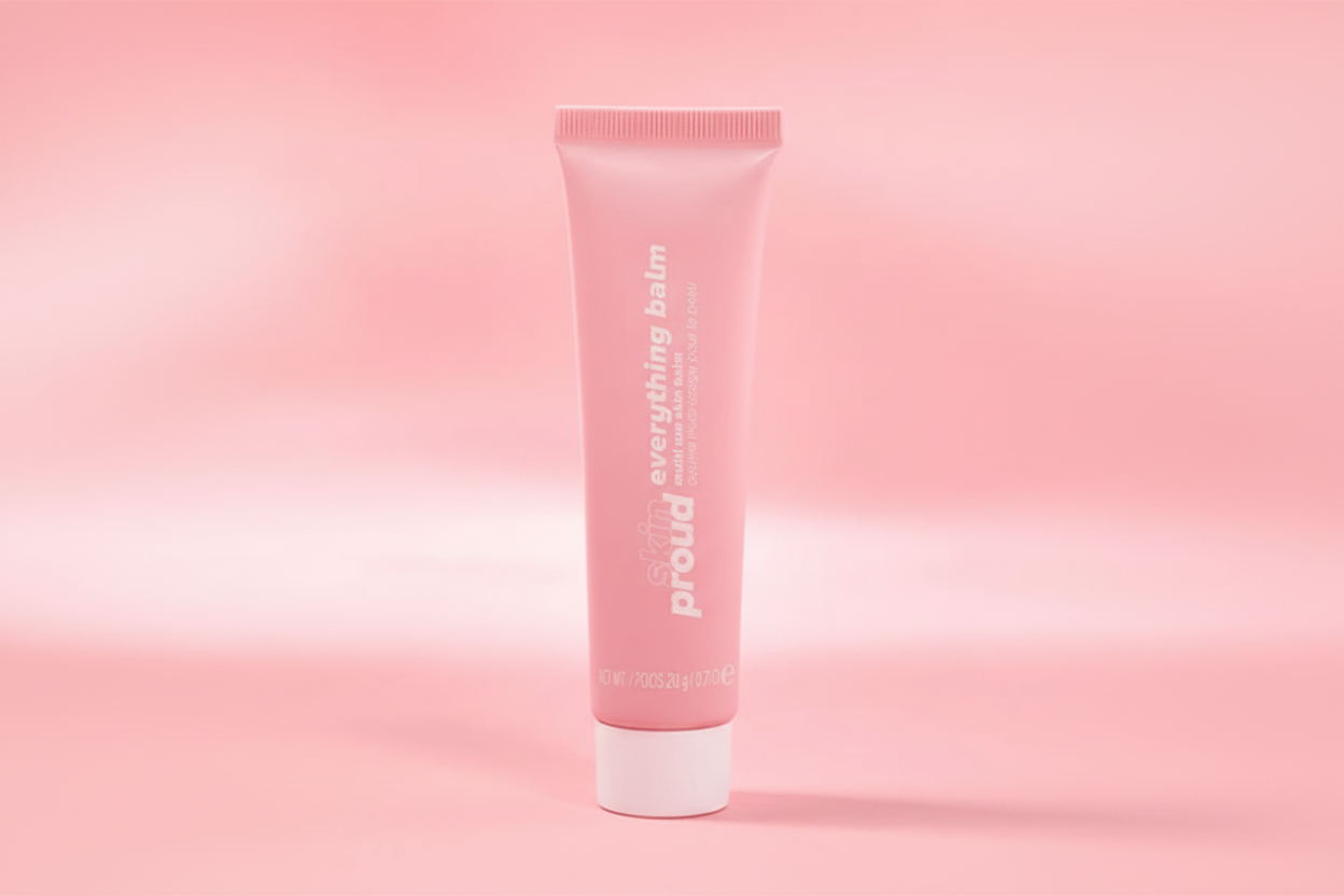 Pink tube of 'everything balm' on a pink background