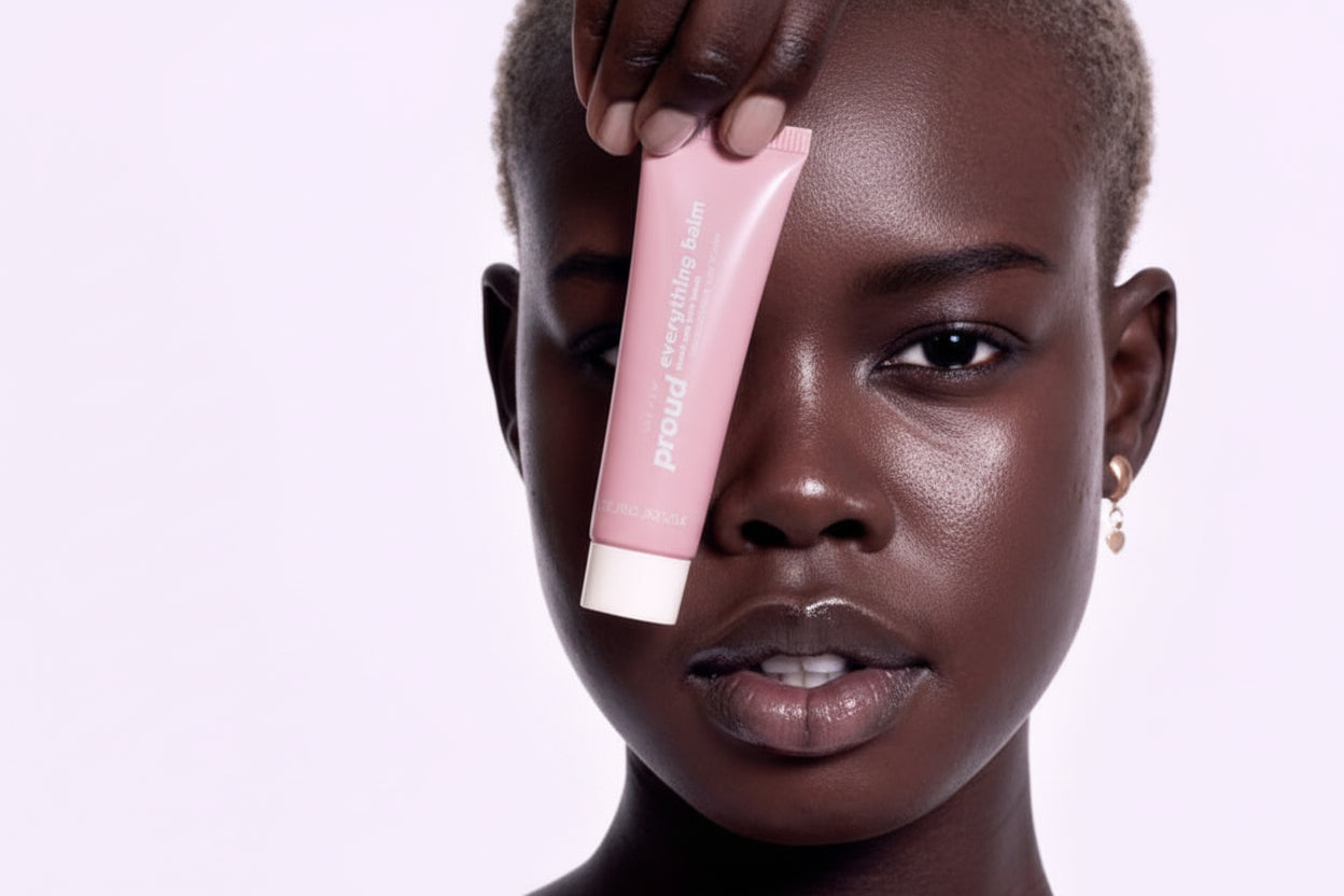 Person holding a pink makeup product near their face against a white background