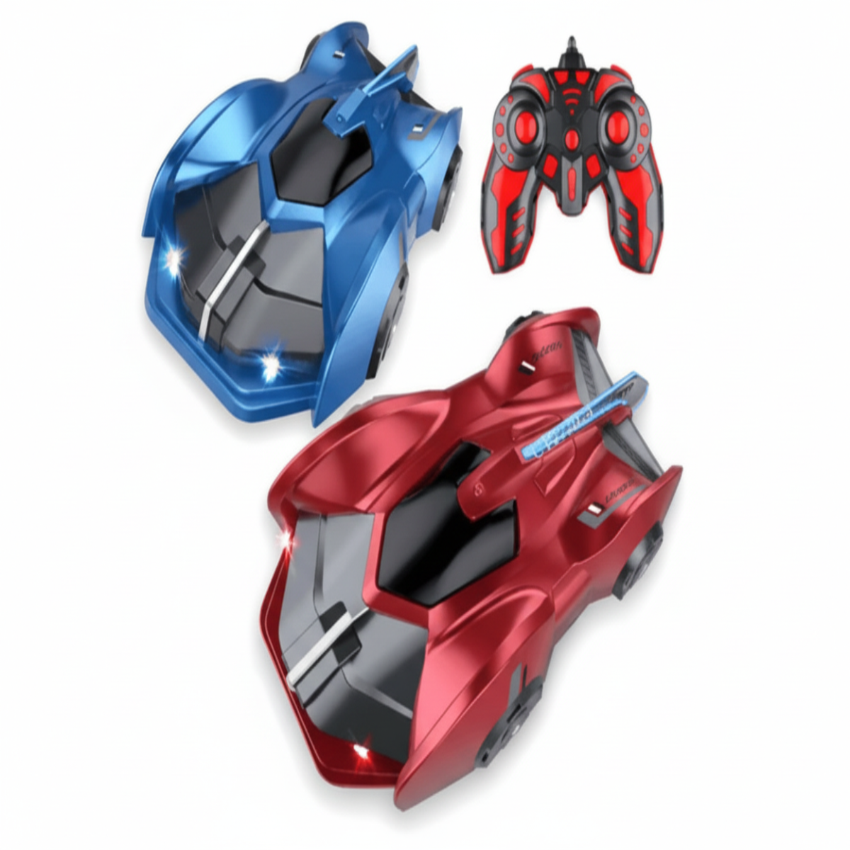 Two futuristic-looking vehicles, one blue and one red, with a remote control on a white background.