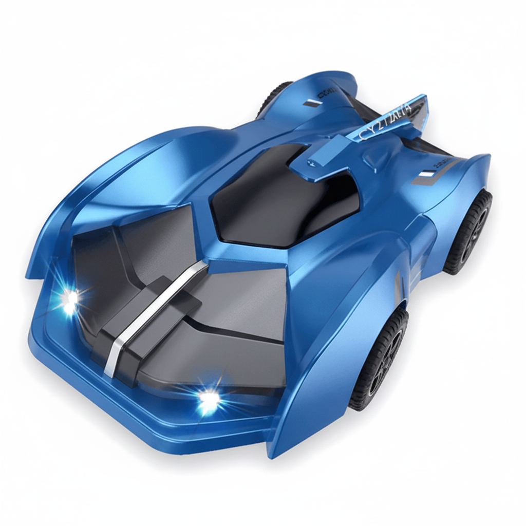 Blue and black futuristic vehicle model on a white background