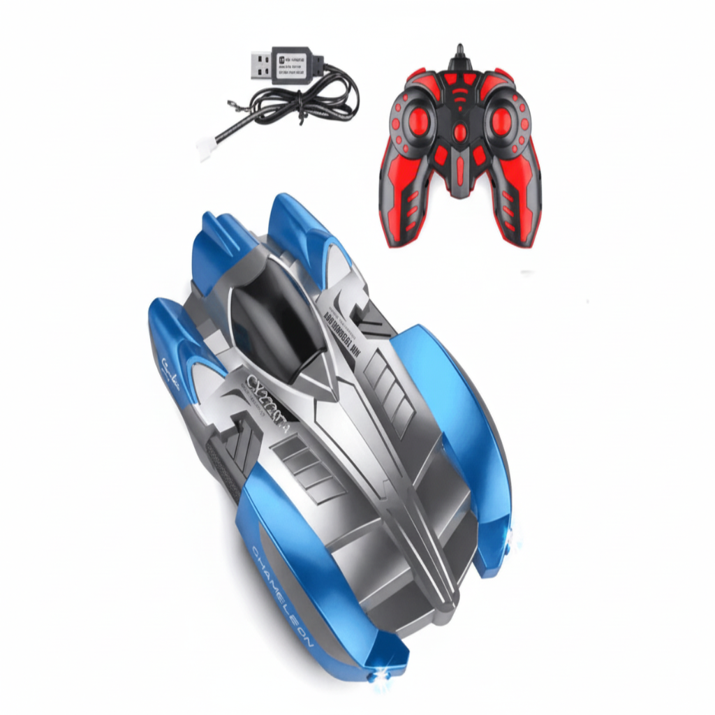 Blue and gray remote control car with red and black controller on a white background