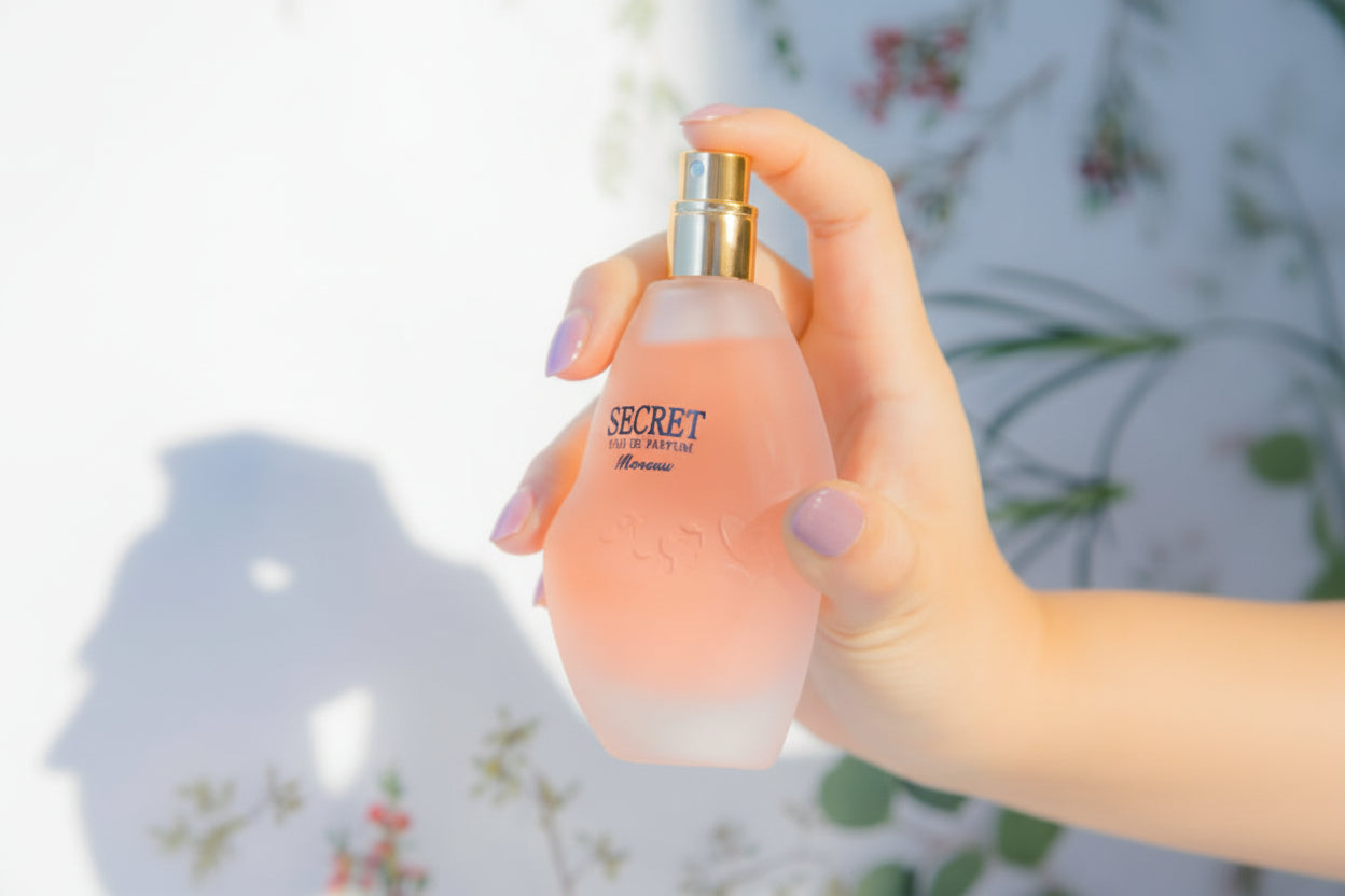 Hand holding a 'Secret' perfume bottle with a blurred floral background