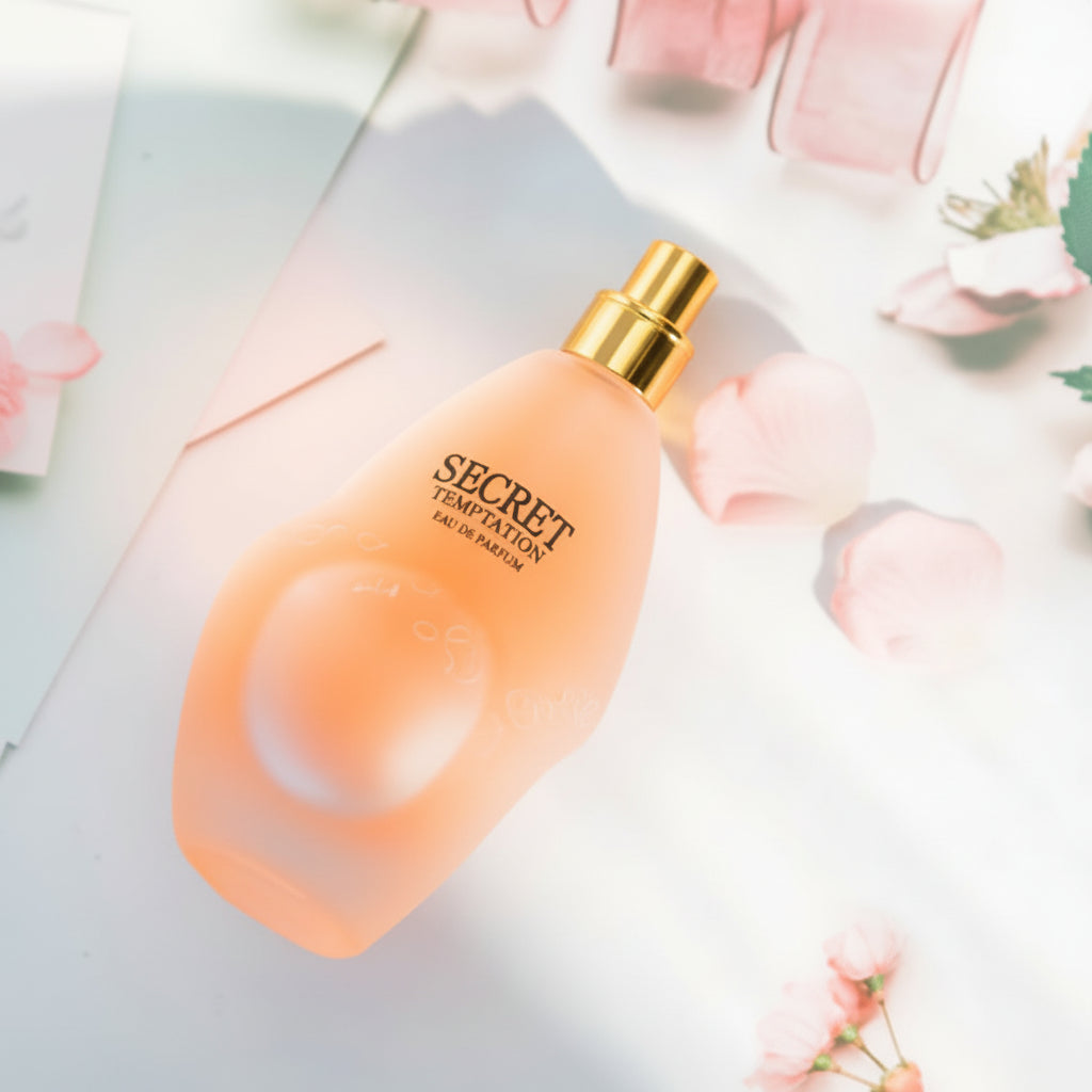 Perfume bottle labeled 'Secret' with a soft focus floral background