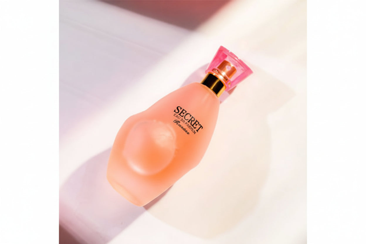Pink bottle with a gold cap on a white background