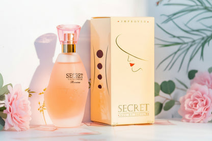 Secret perfume bottle and packaging on a light background