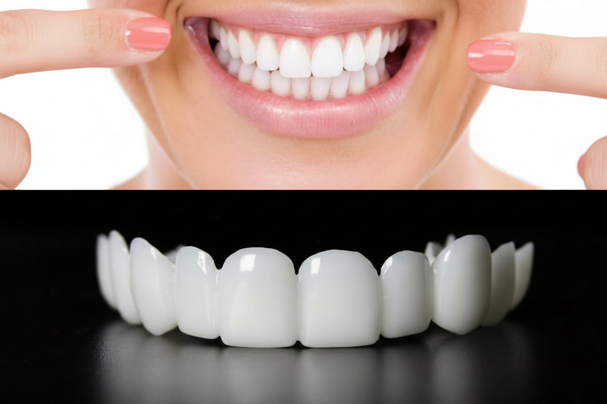 Top half shows a close-up of a smile with white teeth, bottom half displays a set of white dental implants.