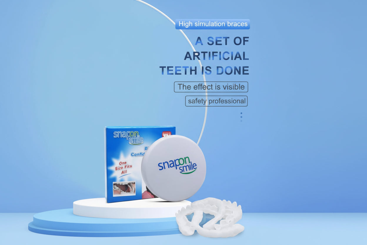 Set of artificial teeth with Snapon Smile packaging on a blue background