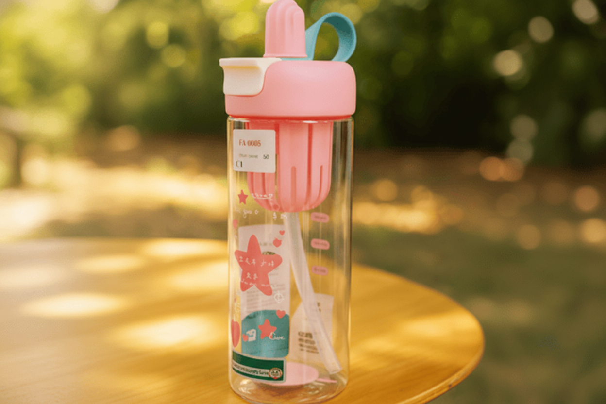 Pink water bottle with a straw and handle on a blurred natural background