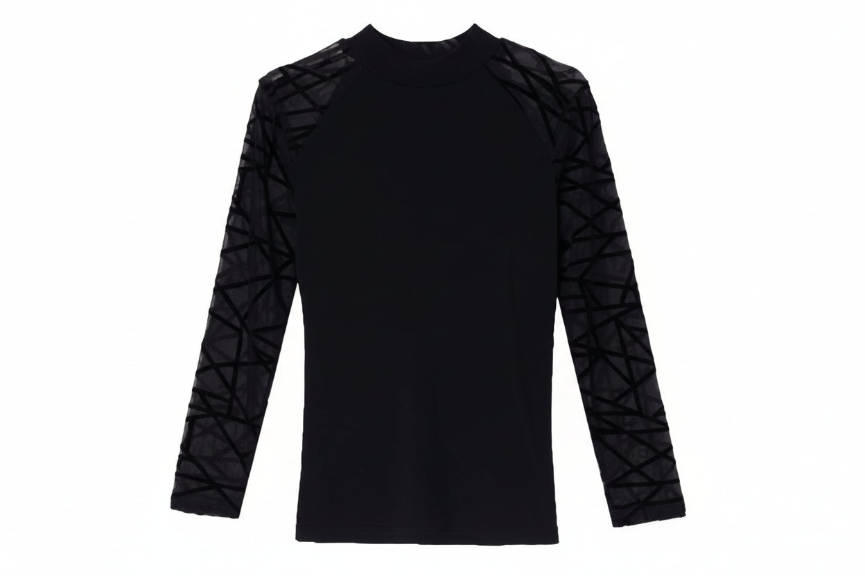 Black long-sleeve top with geometric cutouts on sleeves against a white background
