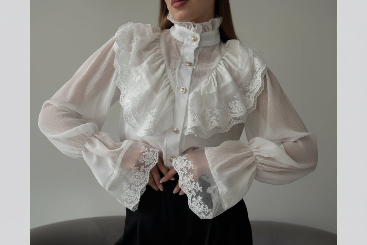 White lace blouse with a high collar and long sleeves worn by a person.