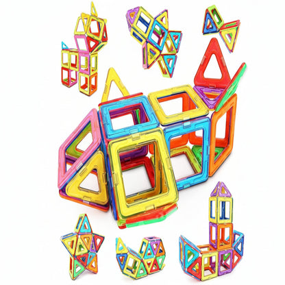 Colorful magnetic building blocks arranged in various shapes on a white background