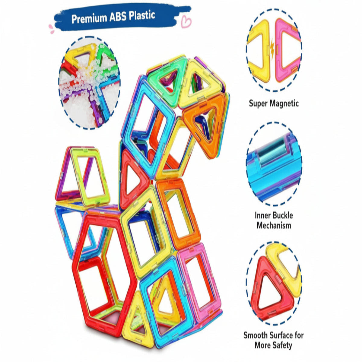 Colorful magnetic building blocks with features highlighted on a pink background