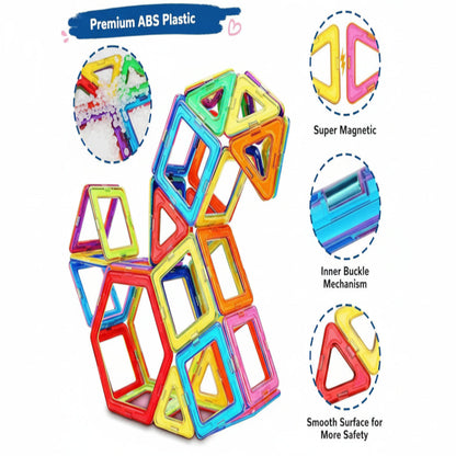 Colorful magnetic building blocks with features highlighted on a pink background