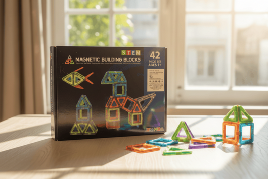 K'NEX magnetic building blocks set with packaging on a wooden surface