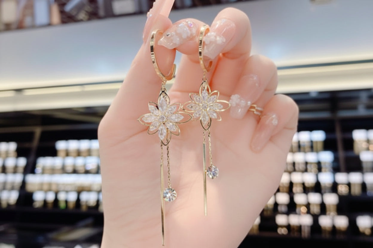 Hand holding a pair of floral earrings with a blurred background