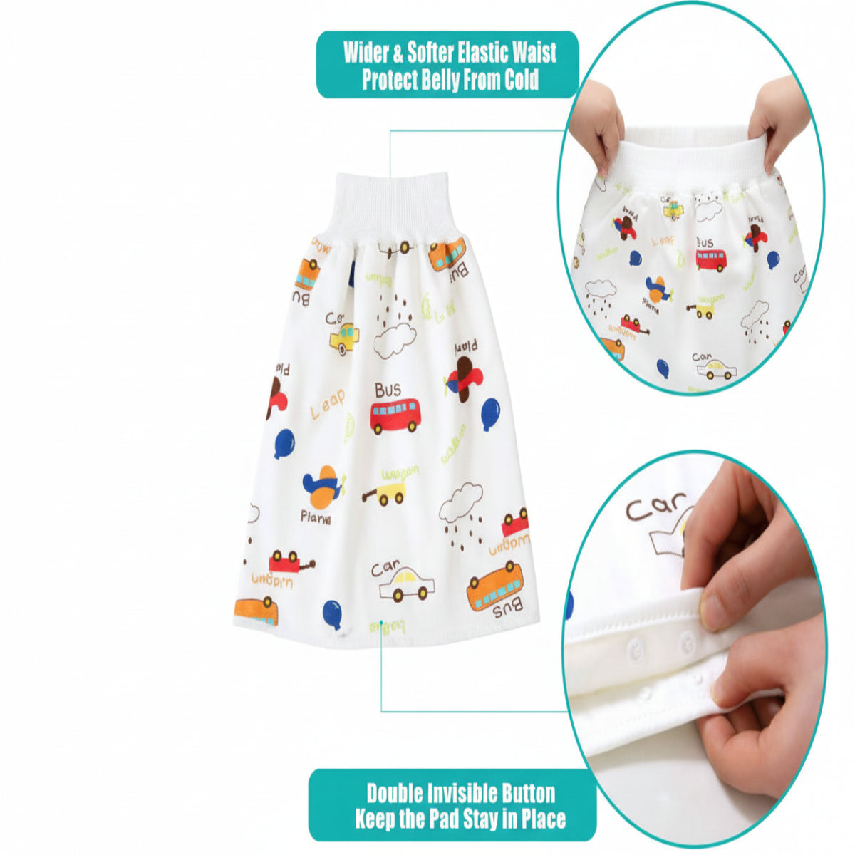 Baby pants with cartoon designs and text highlighting features like a softer waistband and double invisible button.