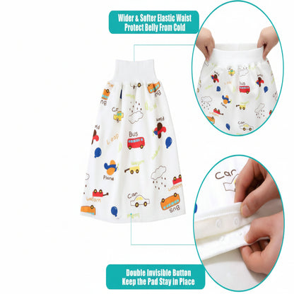 Baby pants with cartoon designs and text highlighting features like a softer waistband and double invisible button.