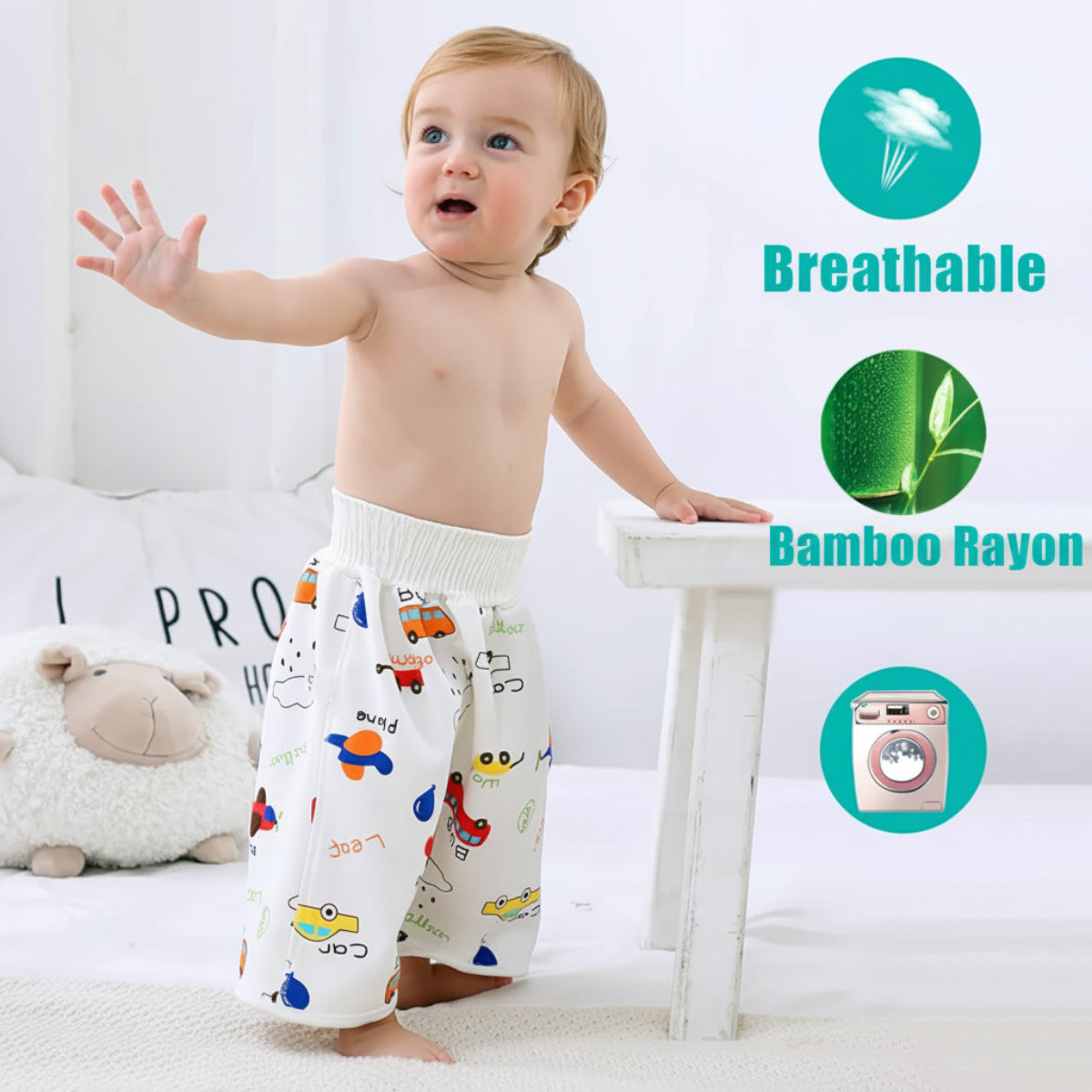 Child wearing colorful pants with cartoon designs, standing in a room with text about breathable bamboo rayon and machine washability.