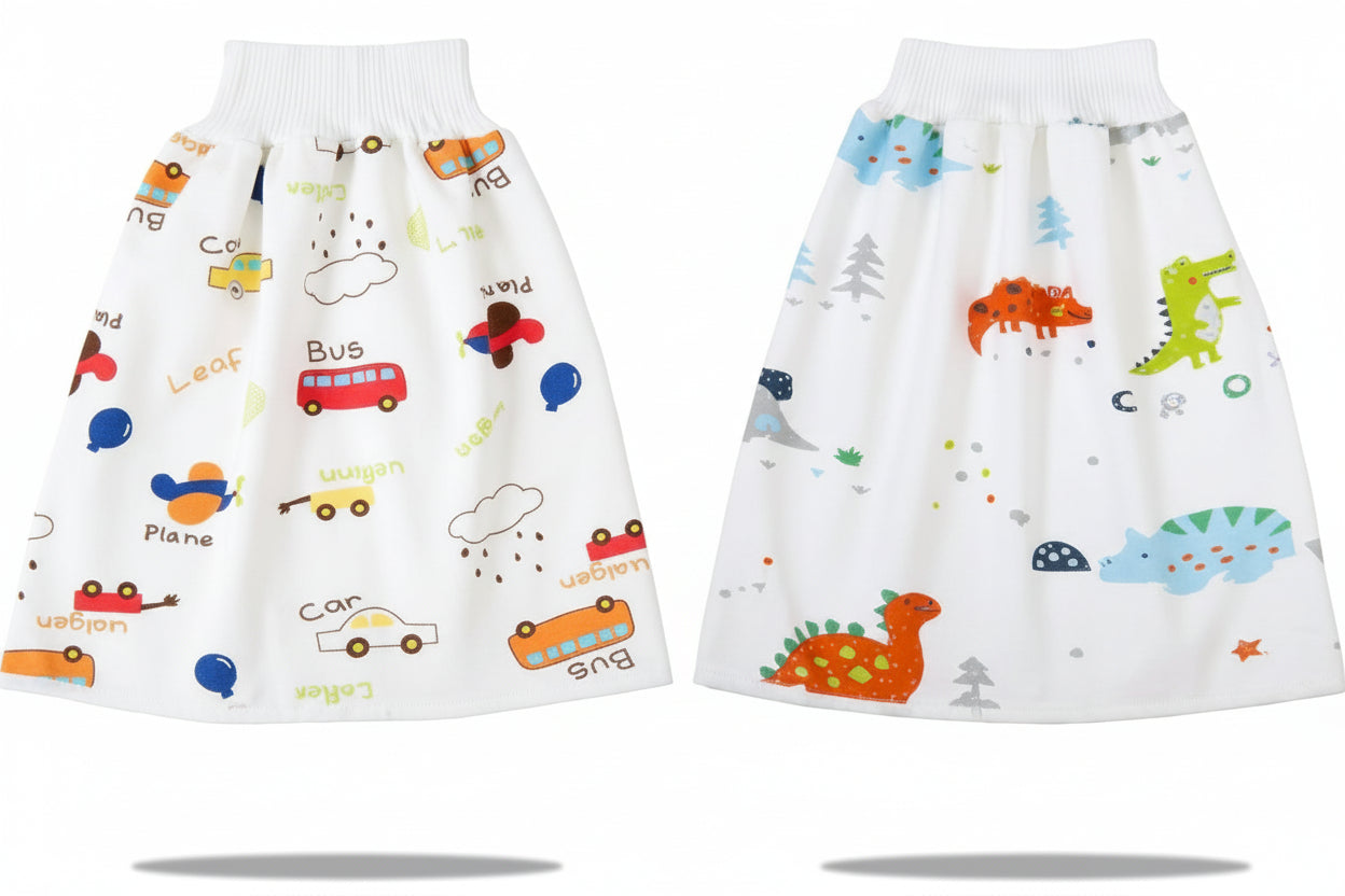 Two children's skirts with cartoon designs on a white background