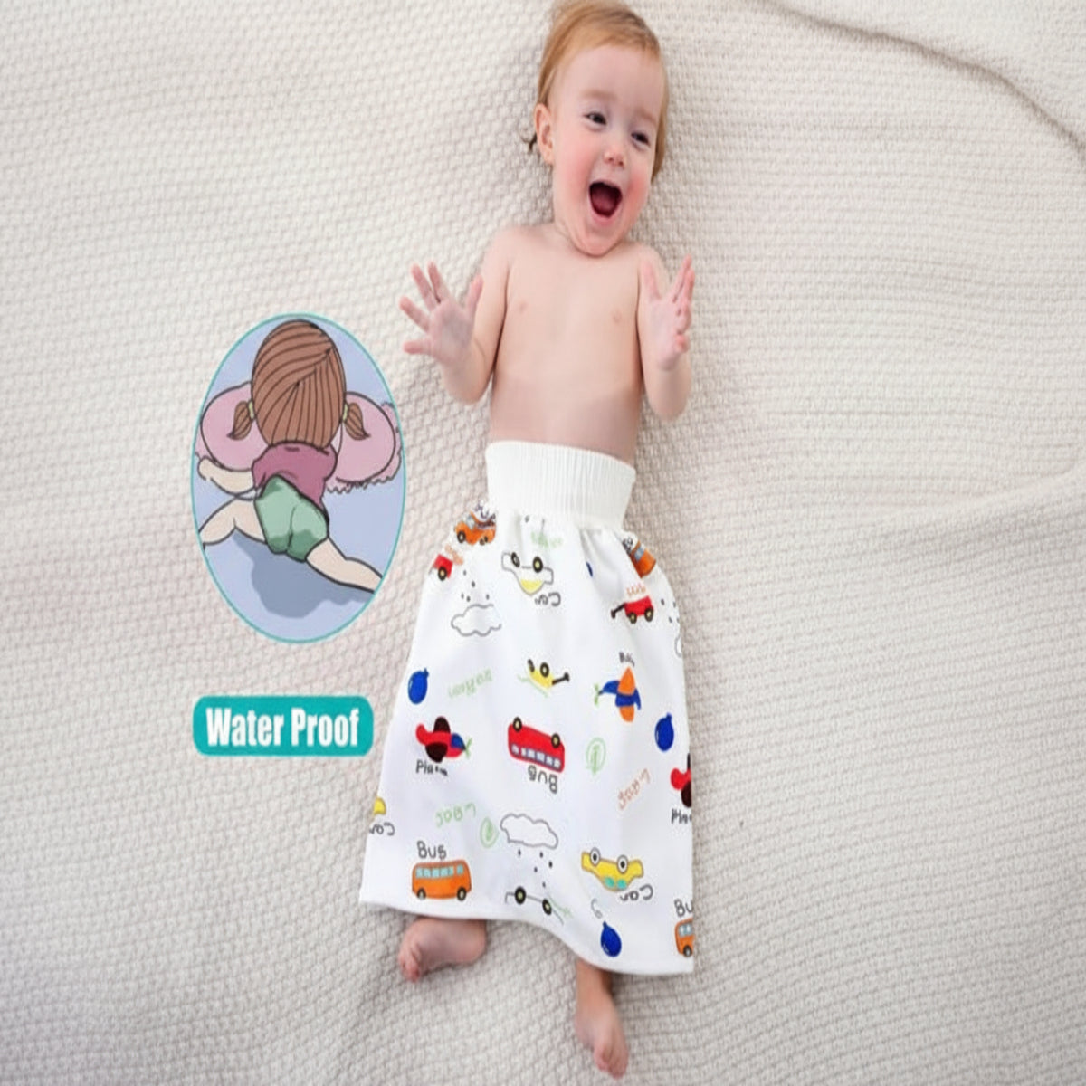 Baby wearing a cartoon-patterned diaper with a inset showing a child in a diaper.