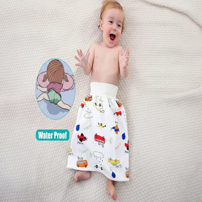 Baby wearing a cartoon-patterned diaper with a inset showing a child in a diaper.