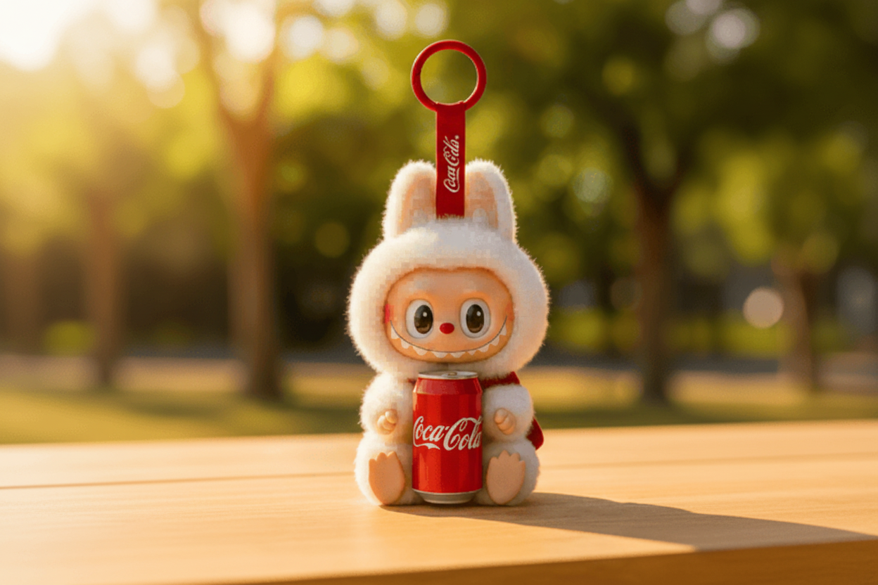 Cute plush toy with Coca-Cola branding holding a can on a wooden surface with a blurred natural background