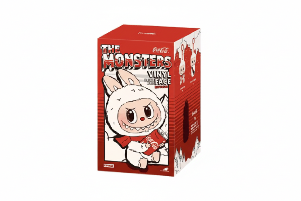 Vinyl figure packaging with a character in a red outfit on a white background