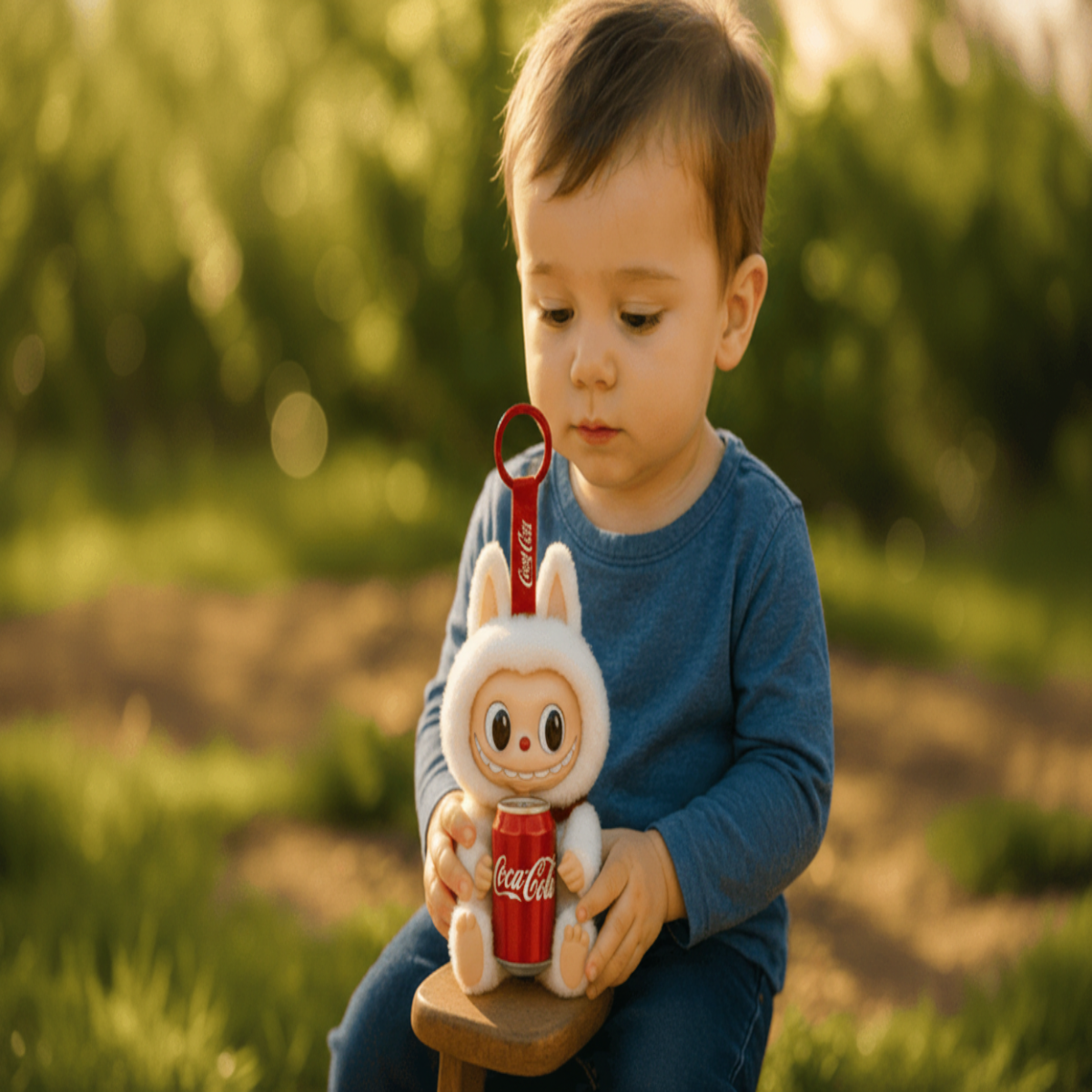 Child holding a plush toy with a Coca-Cola can design outdoors