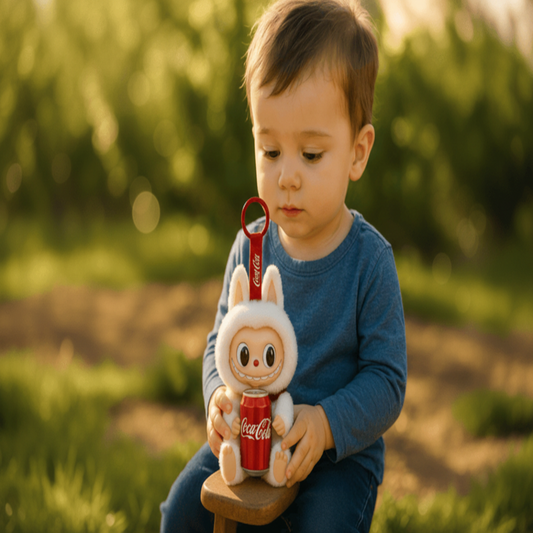 Child holding a plush toy with a Coca-Cola can design outdoors