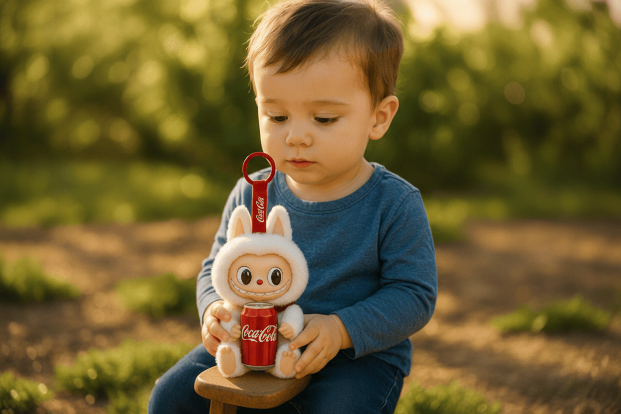 Child holding a plush toy with a Coca-Cola can design outdoors