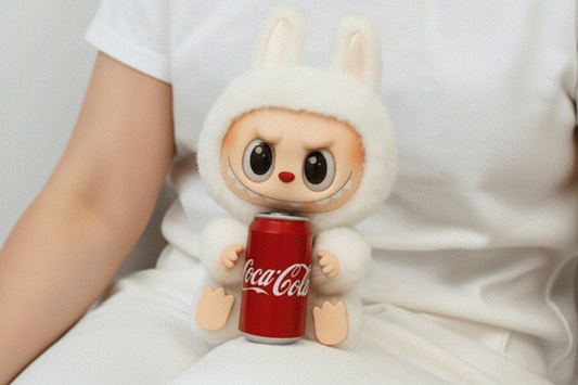 Plush toy resembling a cat holding a Coca-Cola can on a white background