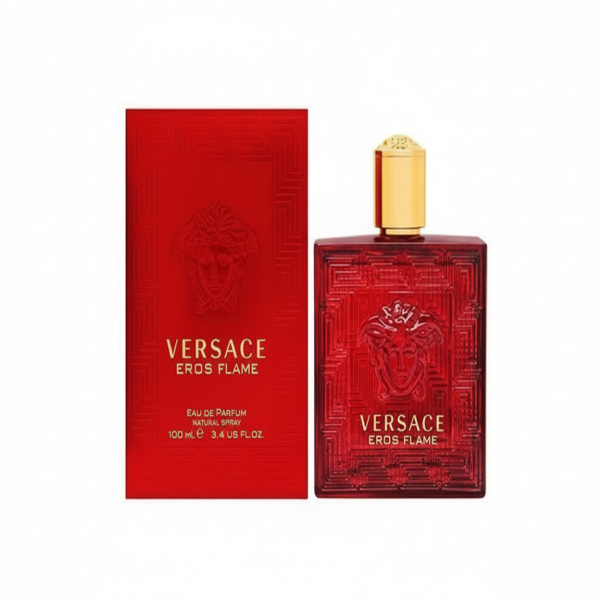 Versace Eros Flame perfume bottle and packaging on a white background