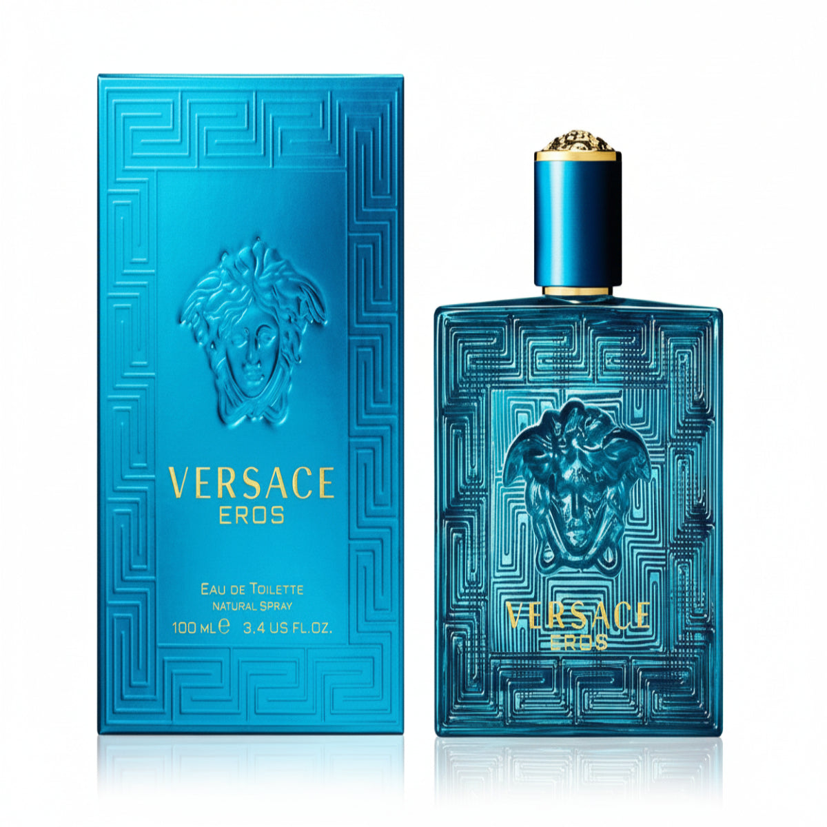 Versace Eros perfume bottle and packaging on a white background